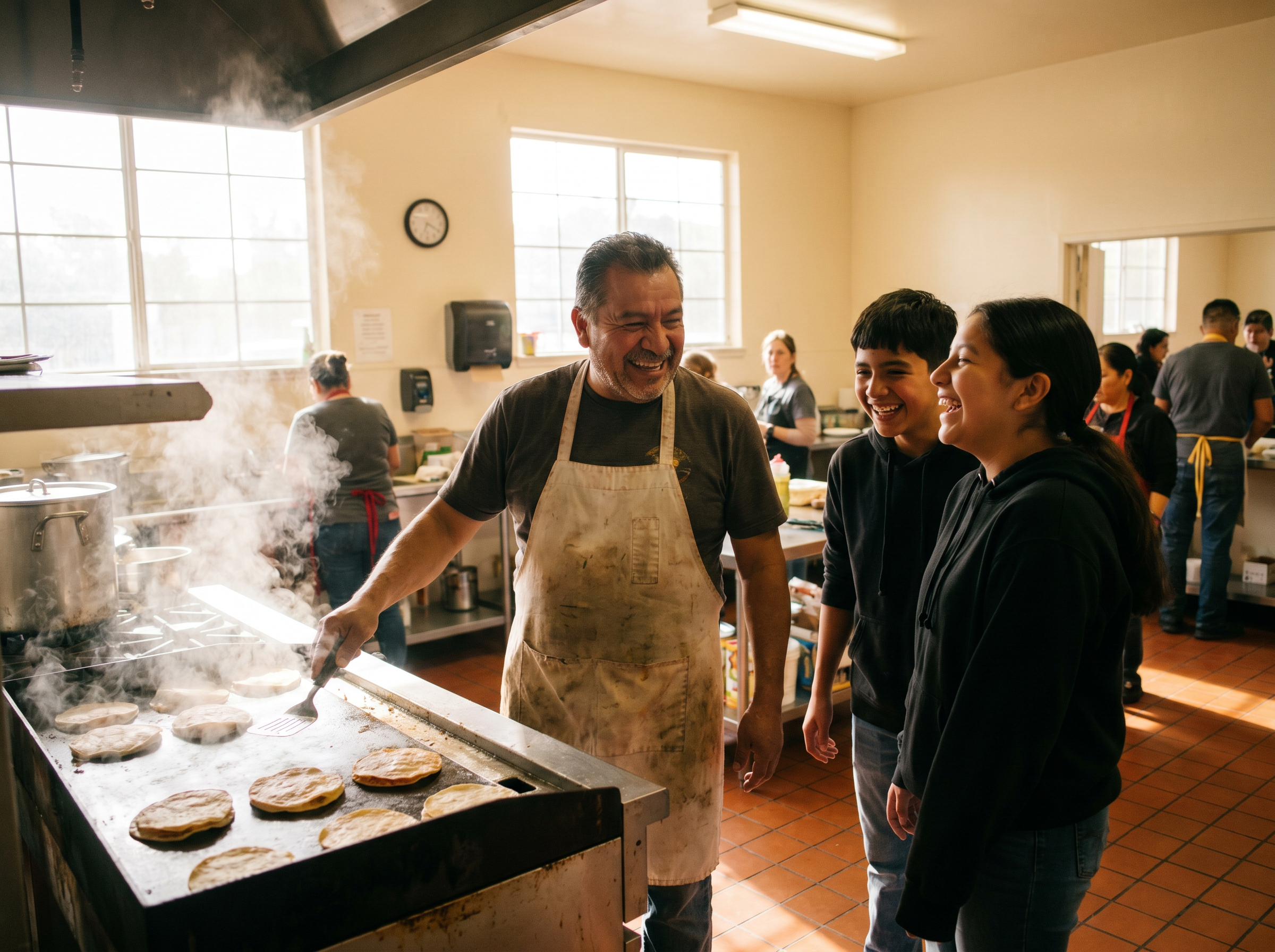 TLC founder cooking tacos with laughing teen volunteers in the community kitchen