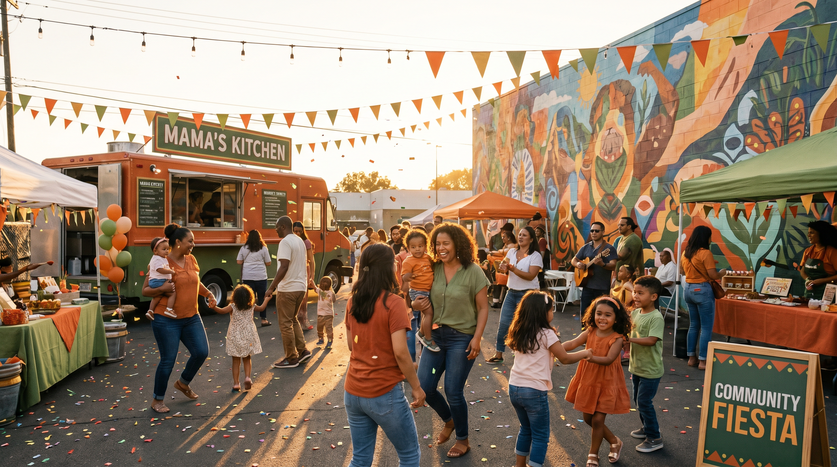 A lively outdoor community festival with a food truck, colorful mural, and families dancing together