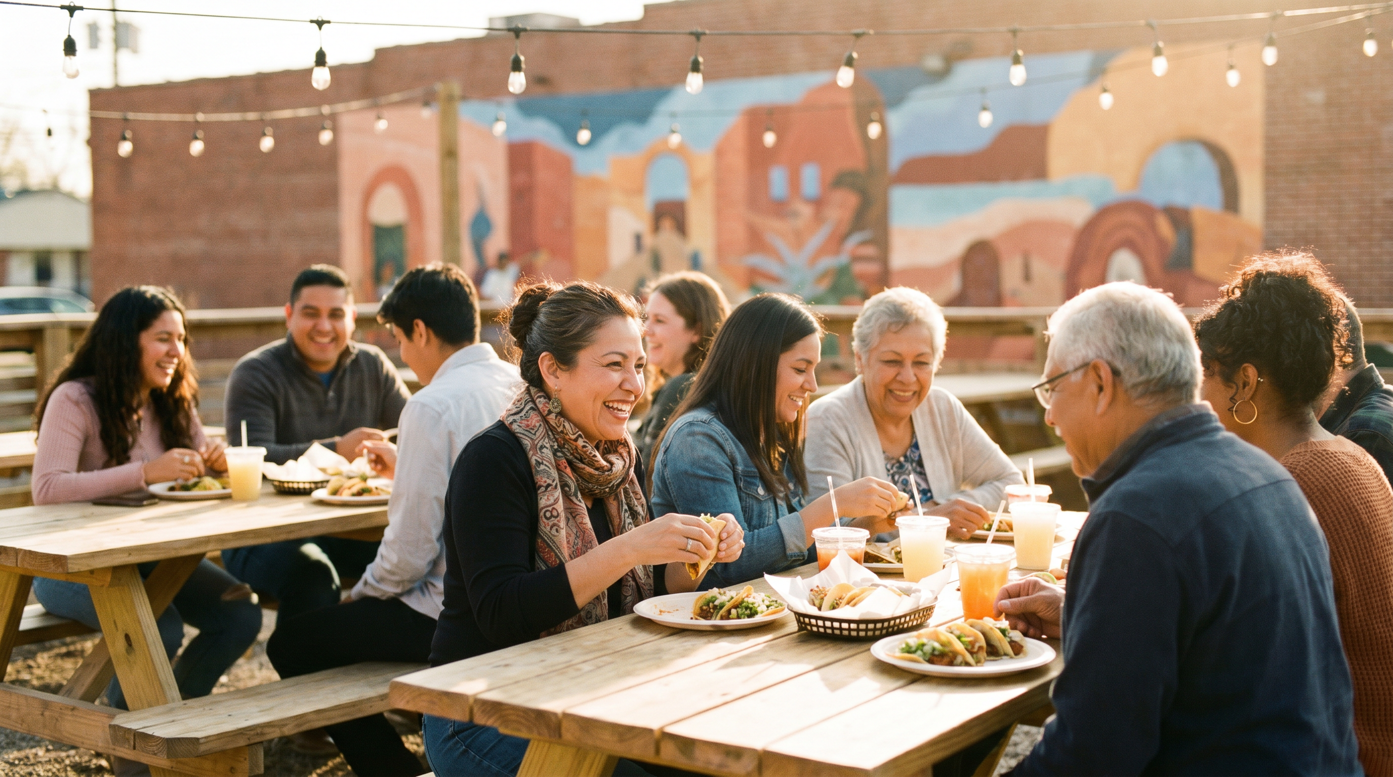 A diverse group of neighbors laughing and sharing tacos together at an outdoor community table