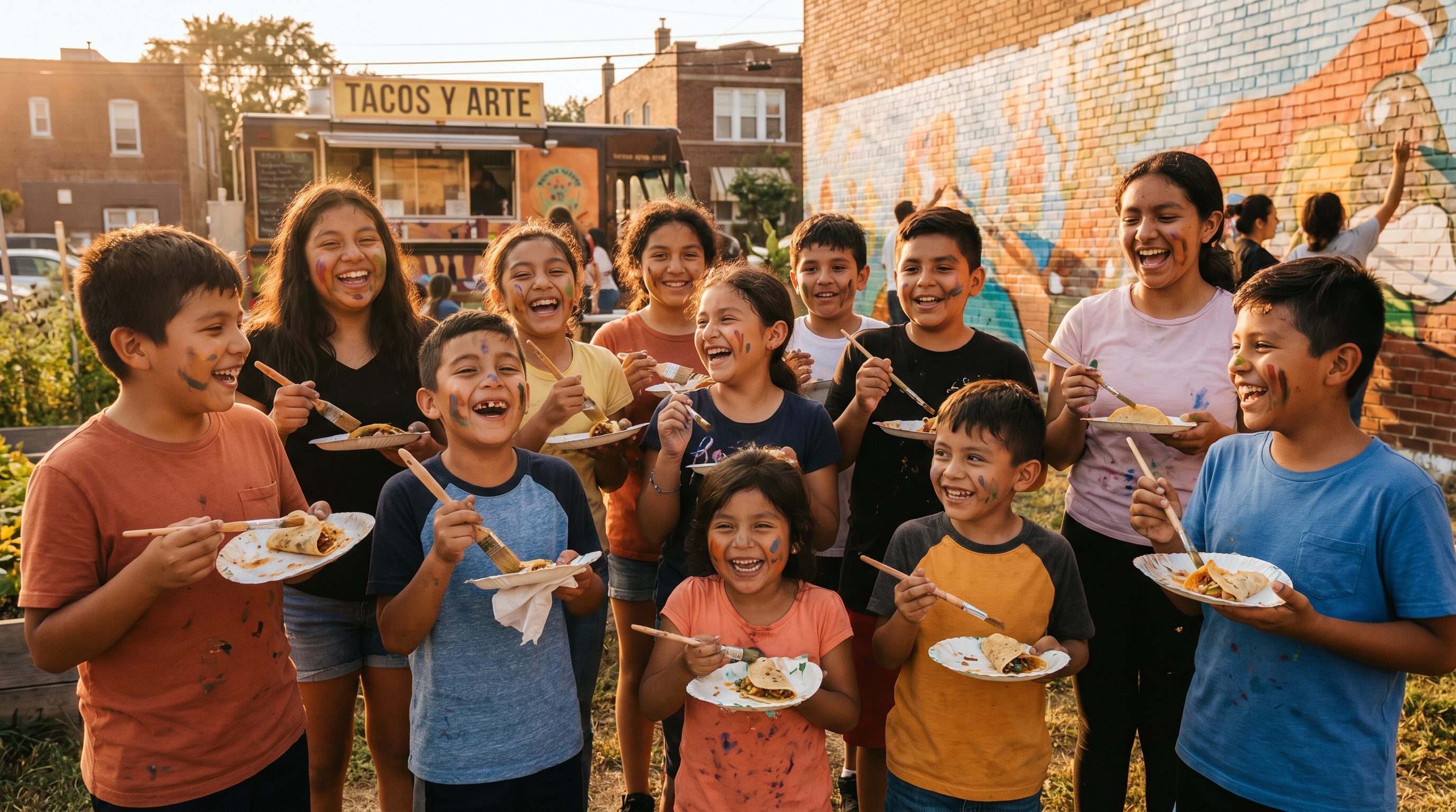 A joyful group of kids and teens laughing together with tacos and paintbrushes after a mural workshop