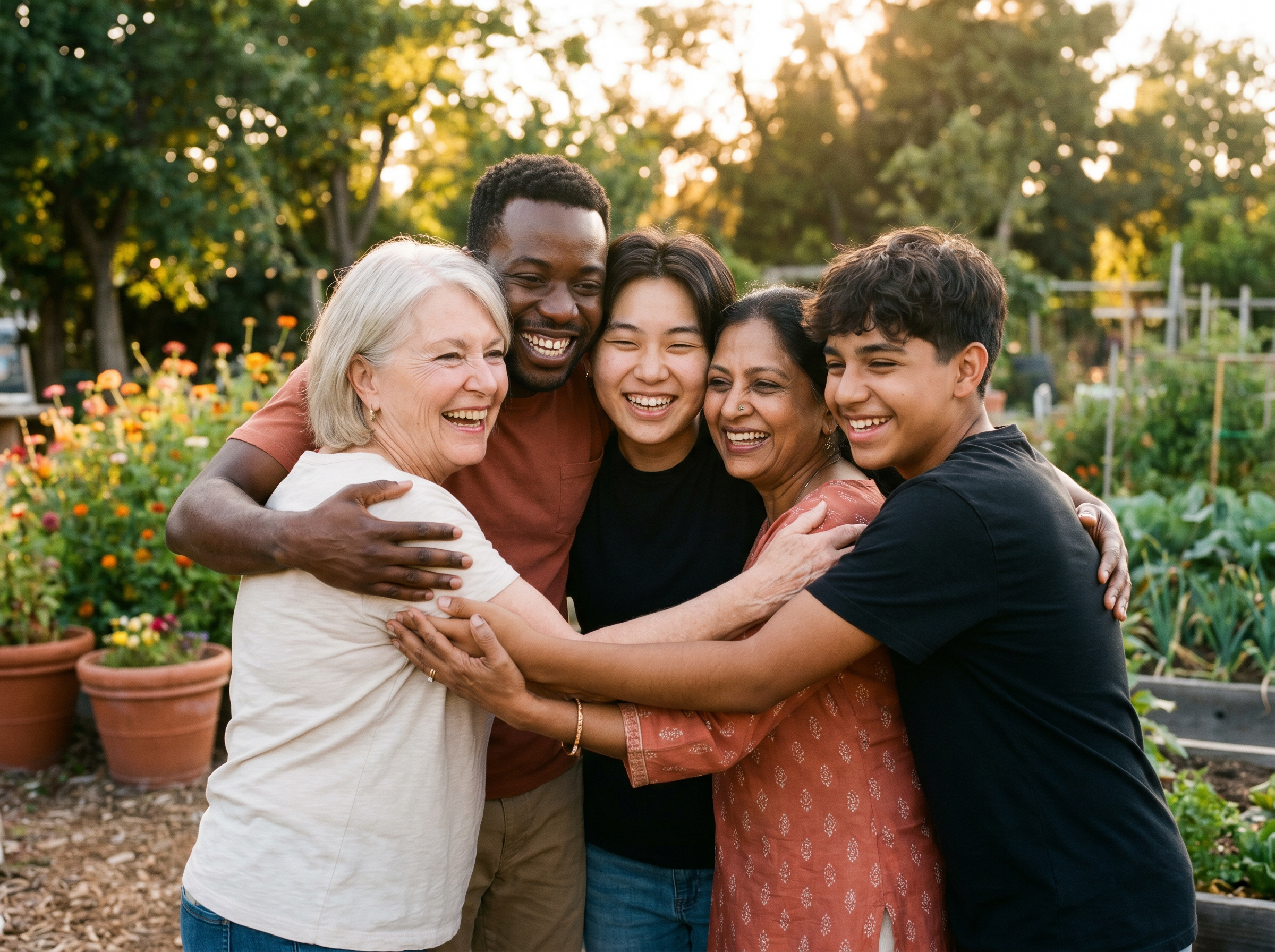 A diverse group of friends of all ages hugging and laughing together outdoors