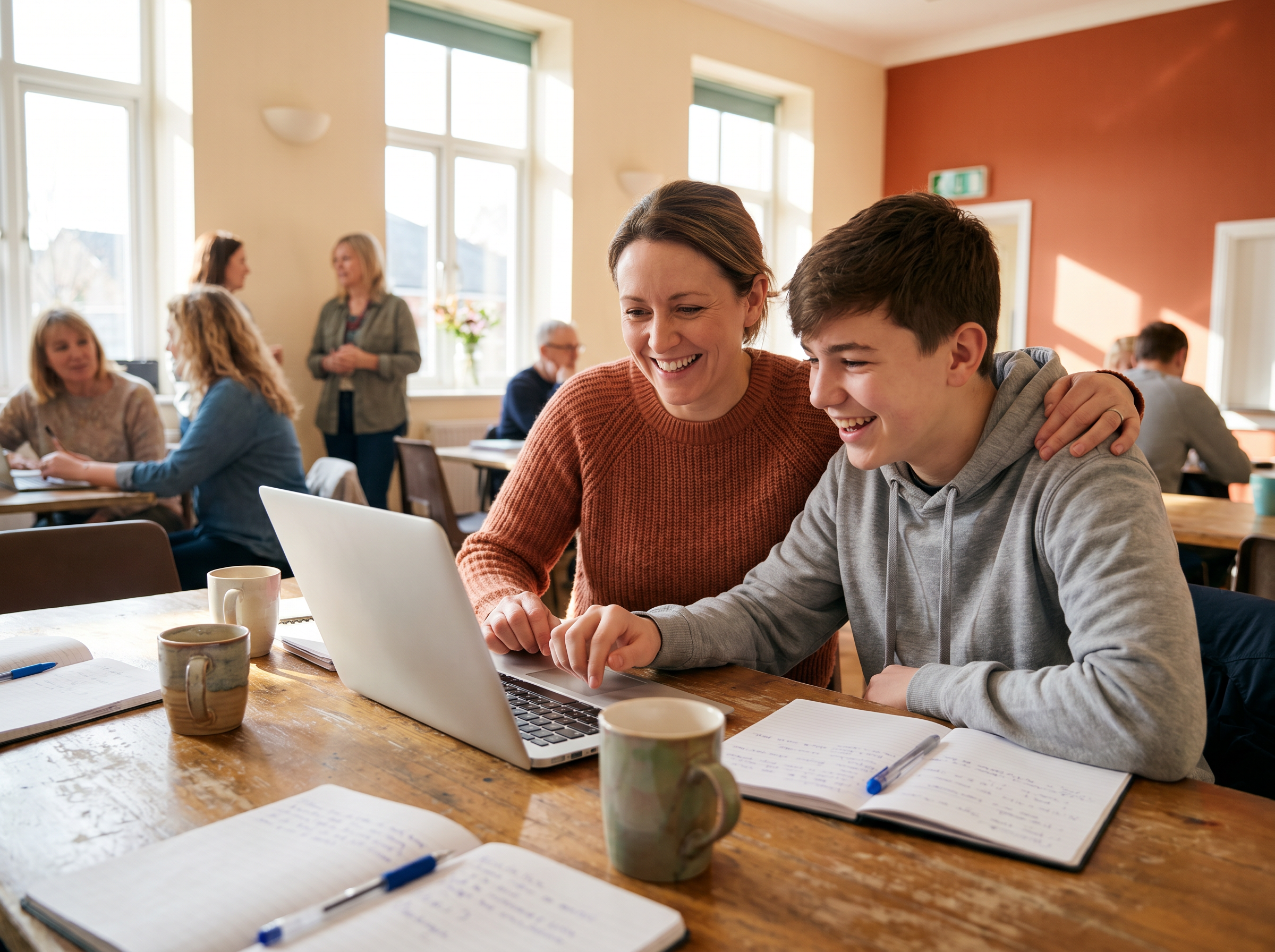 A mentor and a teenager smiling while learning together on a laptop