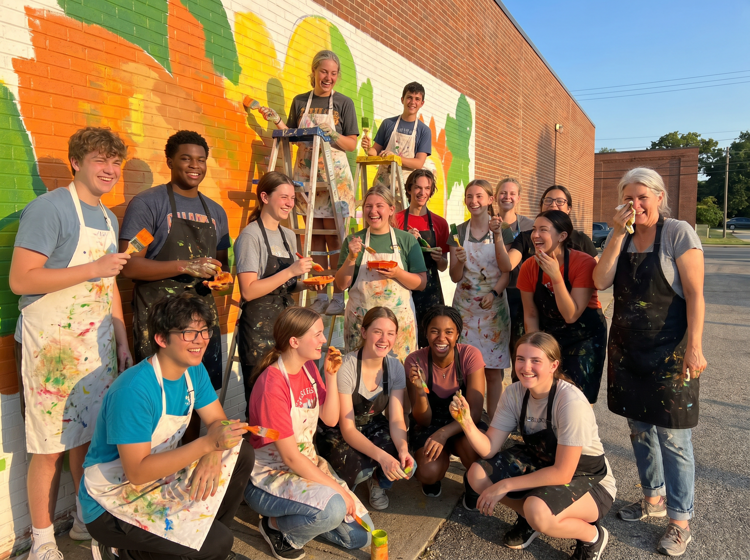 Teens and volunteers laughing while painting a colorful community mural together