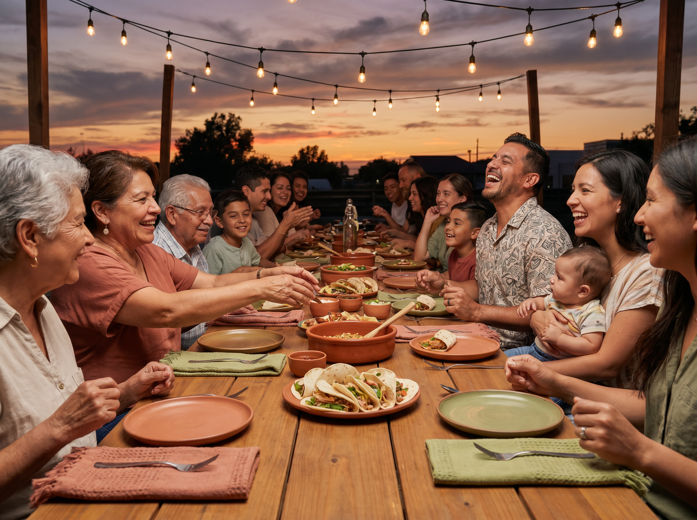Families and friends laughing together at an outdoor community taco night under string lights